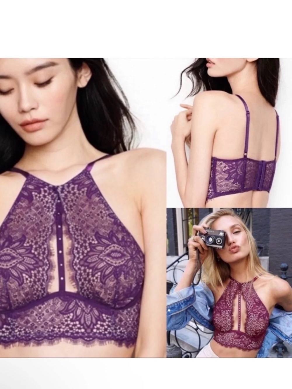 Victoria’s‎ Secret Bra Very Sexy purple lace long line high neck pearls 36C